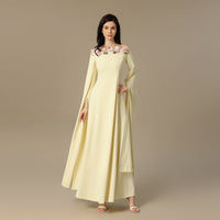 Soft Yellow Maxi Dress with Floral Embroidered Neckline - Noētic