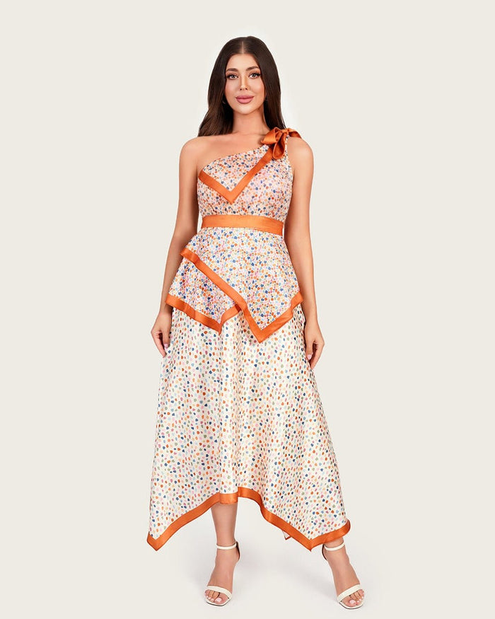 Statement Satin One-Shoulder Dress with Artistic Print & Bow Detail