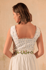 Tropical Harmony: Floral Placement Printed Linen Top & Midi Skirt Set - Noētic