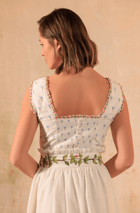 Tropical Harmony: Floral Placement Printed Linen Top & Midi Skirt Set - Noētic