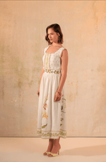 Tropical Harmony: Floral Placement Printed Linen Top & Midi Skirt Set - Noētic