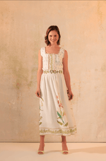 Tropical Harmony: Floral Placement Printed Linen Top & Midi Skirt Set - Noētic