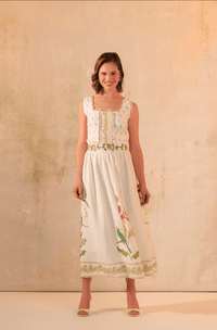 Tropical Harmony: Floral Placement Printed Linen Top & Midi Skirt Set - Noētic