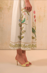 Tropical Harmony: Floral Placement Printed Linen Top & Midi Skirt Set - Noētic