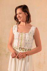 Tropical Harmony: Floral Placement Printed Linen Top & Midi Skirt Set - Noētic