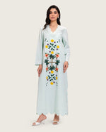 Turquoise Linen Kaftan with Hand Embellishments and Scalloped Edges - Noētic