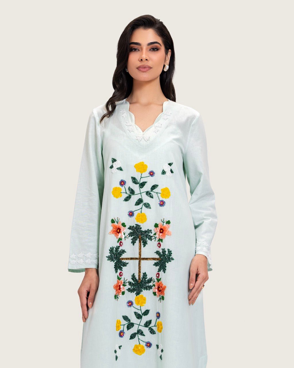 Turquoise Linen Kaftan with Hand Embellishments and Scalloped Edges - Noētic