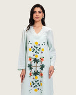 Turquoise Linen Kaftan with Hand Embellishments and Scalloped Edges - Noētic