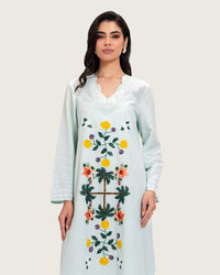 Turquoise Linen Kaftan with Hand Embellishments and Scalloped Edges - Noētic
