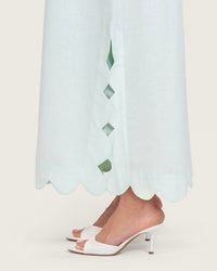 Turquoise Linen Kaftan with Hand Embellishments and Scalloped Edges - Noētic
