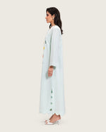 Turquoise Linen Kaftan with Hand Embellishments and Scalloped Edges - Noētic