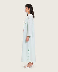 Turquoise Linen Kaftan with Hand Embellishments and Scalloped Edges - Noētic