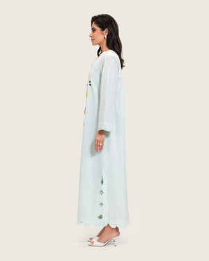 Turquoise Linen Kaftan with Hand Embellishments and Scalloped Edges - Noētic
