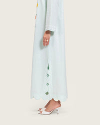 Turquoise Linen Kaftan with Hand Embellishments and Scalloped Edges - Noētic