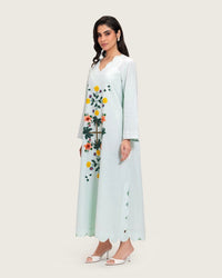 Turquoise Linen Kaftan with Hand Embellishments and Scalloped Edges - Noētic