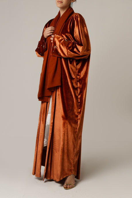 Velvet Loose Fit Abaya with Embellishments - Brown - Noētic