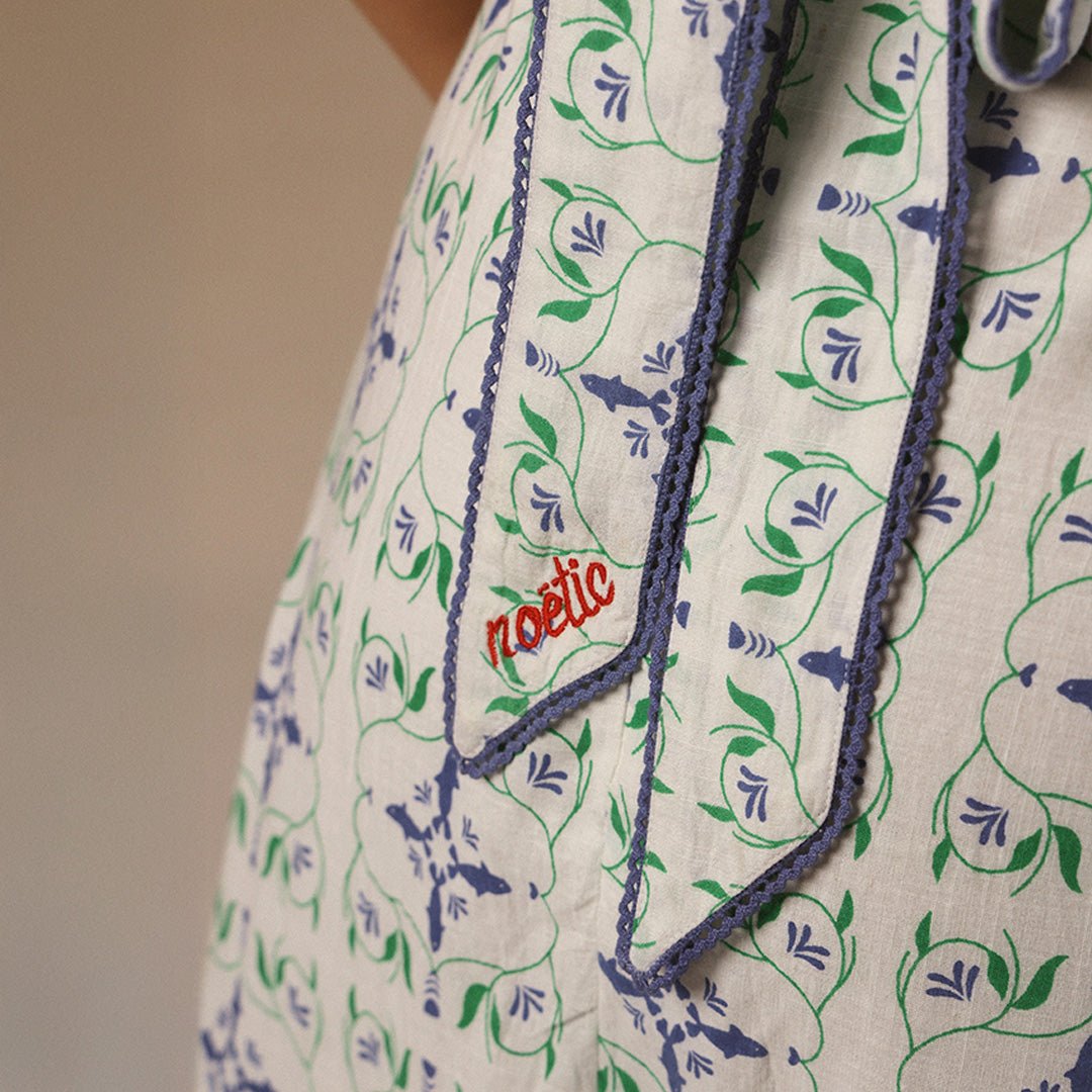 white And Blue Linen Printed Dress with Crochet Trims - Noētic