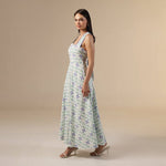 white And Blue Linen Printed Dress with Crochet Trims - Noētic