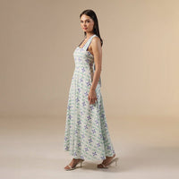white And Blue Linen Printed Dress with Crochet Trims - Noētic