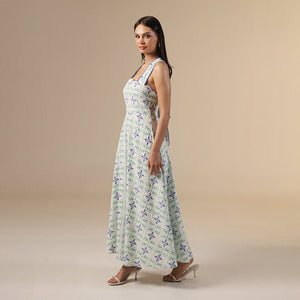 white And Blue Linen Printed Dress with Crochet Trims - Noētic
