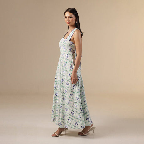 white And Blue Linen Printed Dress with Crochet Trims - Noētic