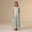 white And Blue Linen Printed Dress with Crochet Trims - Noētic