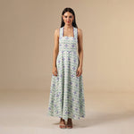 white And Blue Linen Printed Dress with Crochet Trims - Noētic