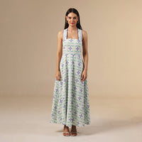 white And Blue Linen Printed Dress with Crochet Trims - Noētic