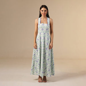 white And Blue Linen Printed Dress with Crochet Trims - Noētic