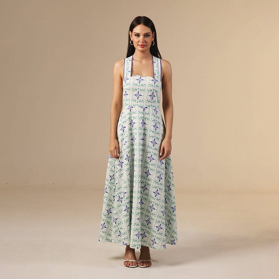 white And Blue Linen Printed Dress with Crochet Trims - Noētic