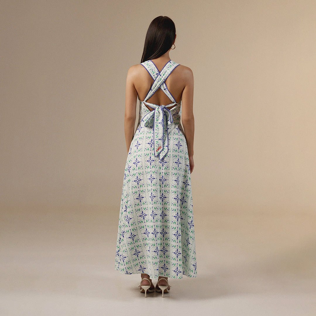 white And Blue Linen Printed Dress with Crochet Trims - Noētic