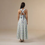 white And Blue Linen Printed Dress with Crochet Trims - Noētic