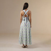white And Blue Linen Printed Dress with Crochet Trims - Noētic