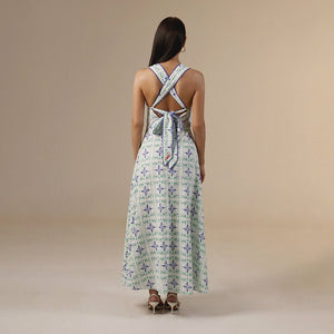 white And Blue Linen Printed Dress with Crochet Trims - Noētic