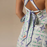 white And Blue Linen Printed Dress with Crochet Trims - Noētic