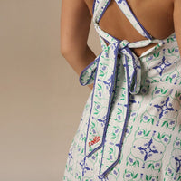 white And Blue Linen Printed Dress with Crochet Trims - Noētic