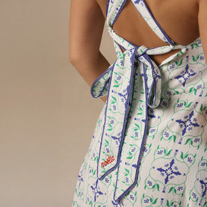 white And Blue Linen Printed Dress with Crochet Trims - Noētic