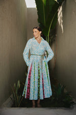 ًWhite And Blue Multiprinted Linen Shirt Dress - Noētic