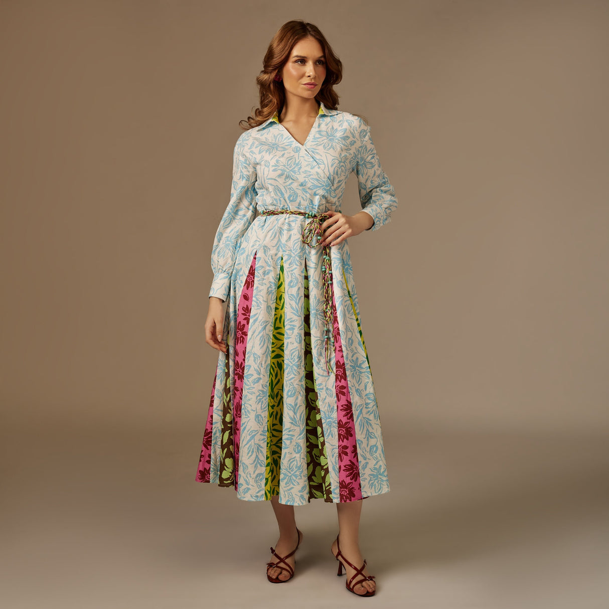 ًWhite And Blue Multiprinted Linen Shirt Dress - Noētic