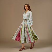 ًWhite And Blue Multiprinted Linen Shirt Dress - Noētic