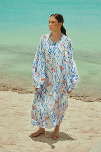 White And blue The Red Sea Breeze: Fish Motif Kaftan - Noētic