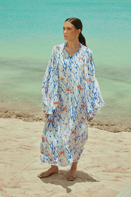 White And blue The Red Sea Breeze: Fish Motif Kaftan - Noētic