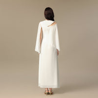 White Embroidered Cape Sleeve Crepe Dress - Noētic