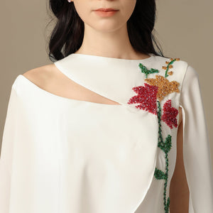 White Embroidered Cape Sleeve Crepe Dress - Noētic