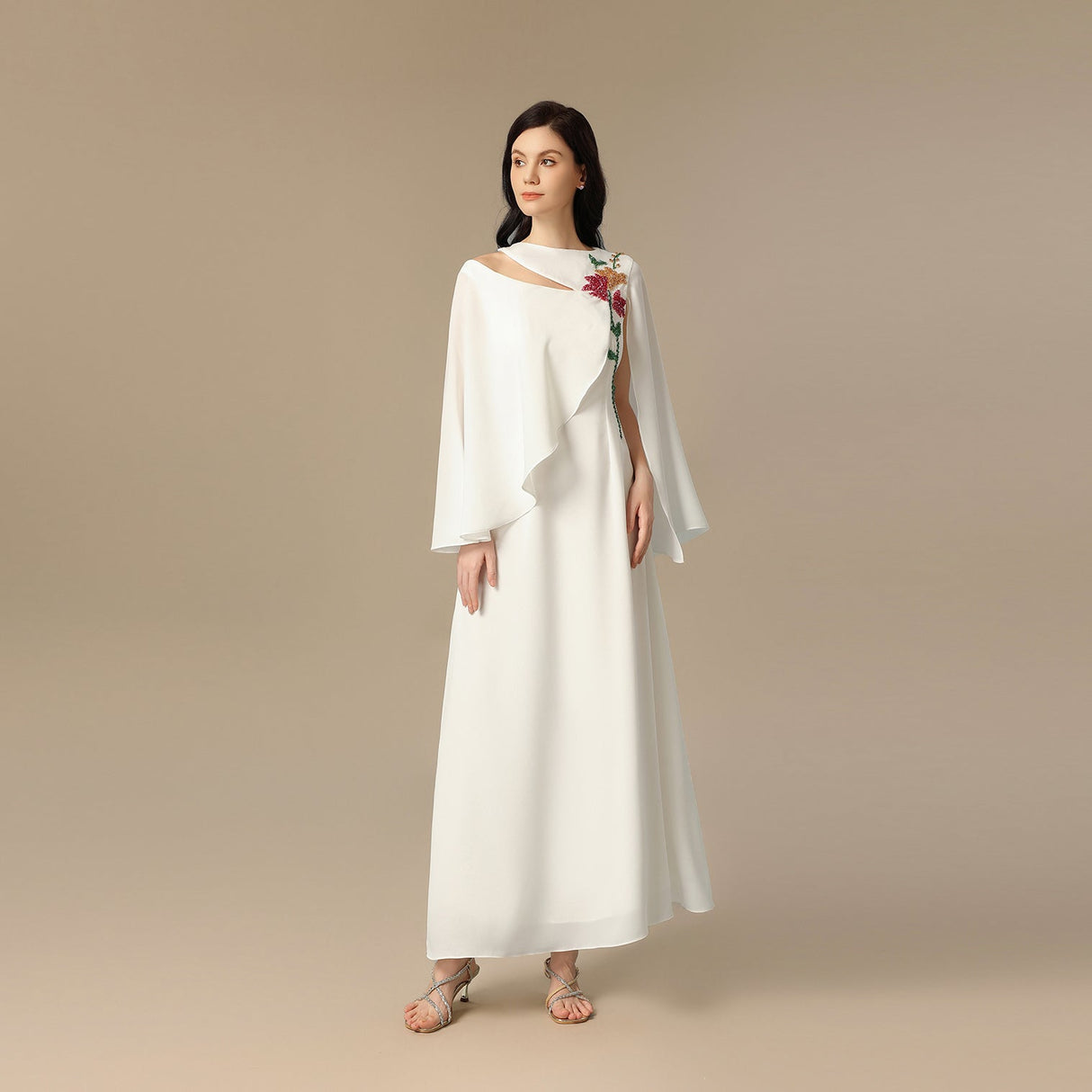 White Embroidered Cape Sleeve Crepe Dress - Noētic