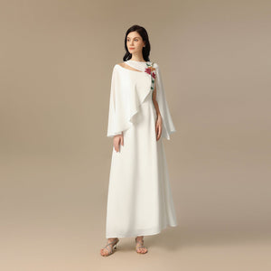 White Embroidered Cape Sleeve Crepe Dress - Noētic
