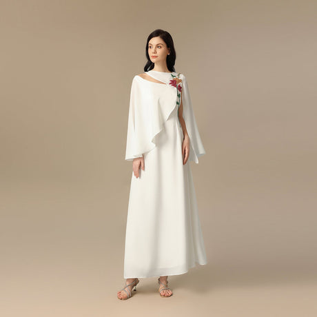 White Embroidered Cape Sleeve Crepe Dress - Noētic