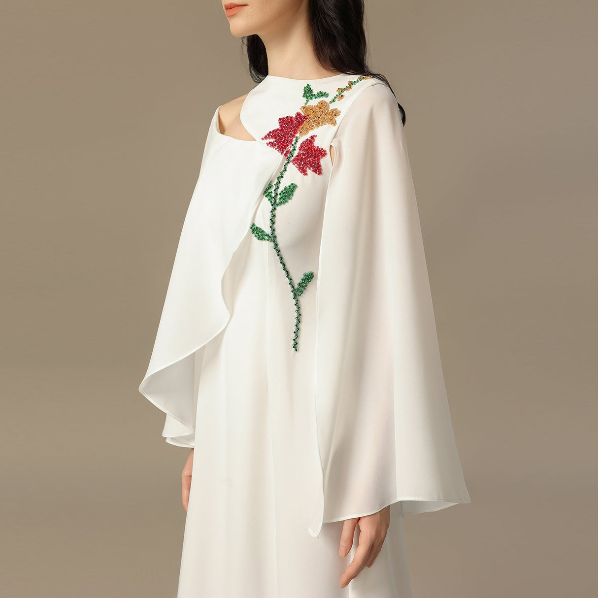 White Embroidered Cape Sleeve Crepe Dress - Noētic