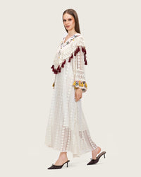 White Embroidered Lace Maxi Kaftan with Handmade Tassels - Noētic
