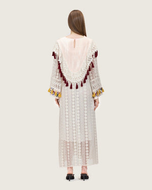White Embroidered Lace Maxi Kaftan with Handmade Tassels - Noētic